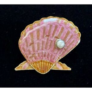 Vintage Enamel Seashell Brooch Pink Shell Pin Faux Pearl Coastal Beach Jewelry